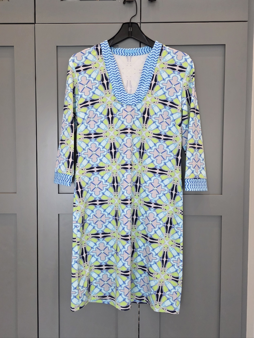 J. McLaughlin Gisel Geometric Dress Catalina Cloth 3/4 Sleeves Medium Coastal
